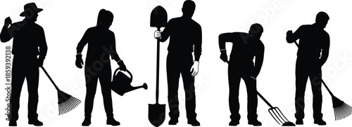 Silhouette of diverse group of professional gardeners and farmers holding tools like rake shovel watering can and pitchfork for landscaping