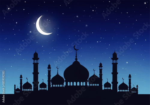 Vector flat design illustration of a mosque silhouette against a starry night sky with a crescent moon, in a serene and peaceful atmosphere.