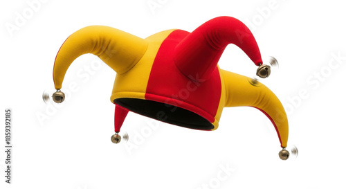 Traditional red and yellow jester hat with jingling bells, symbolizing comedy, fun, and fools. isolated PNG with Transparent Background