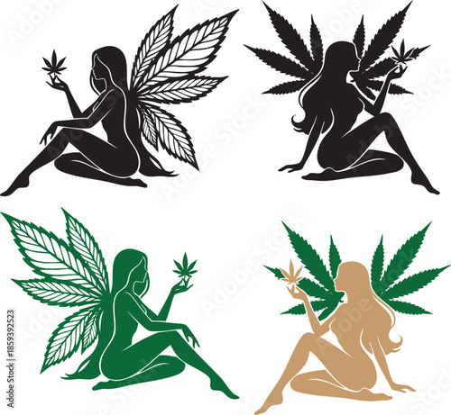 Cannabis Fairy Silhouette Illustration Set, Fantasy Woman with Marijuana Leaf Wings