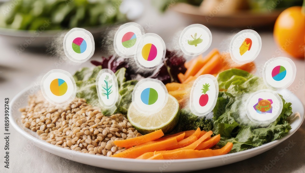 Fototapeta premium Healthy Food Bowl with Nutritional Icons and Fresh Ingredients.