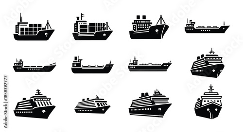 Simple black and white icons depicting various types of ships and boats