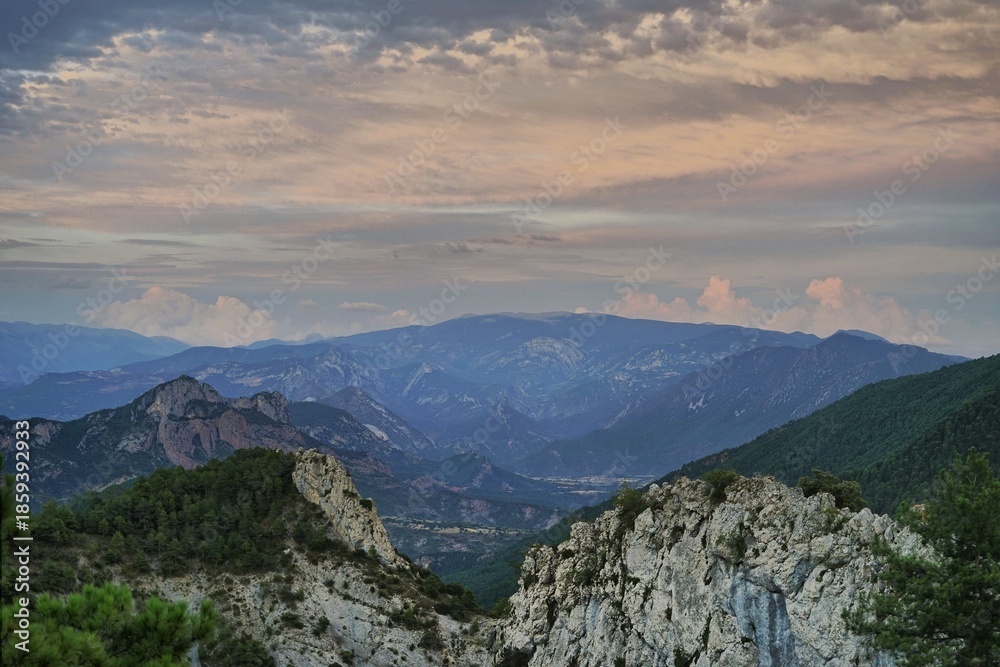 Fototapeta premium Beautiful natural landscape of the forest mountains in the summer time. Rainforest ecosystem, forested mountain. Natural scenery tropical green forest. Travel photo, nobody