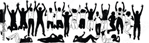 Silhouette of happy people jumping and celebrating with full shopping carts, grocery retail success, seasonal consumer sales, and positive community energy.