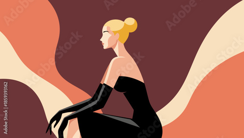 Elegant blonde woman in black dress posing gracefully against abstract backdrop