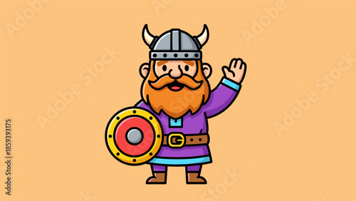 Cartoon Viking Warrior with Shield and Horned Helmet Illustration.