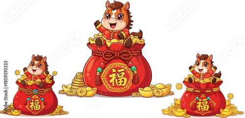 Cute cartoon horse characters sitting on traditional Chinese lucky money bags