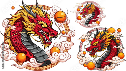Fierce traditional Chinese dragon artwork featuring ornate scales and fire