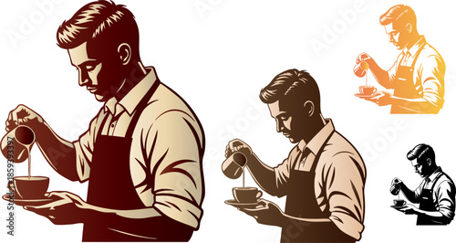 Skilled barista meticulously pouring milk art into a cup of coffee