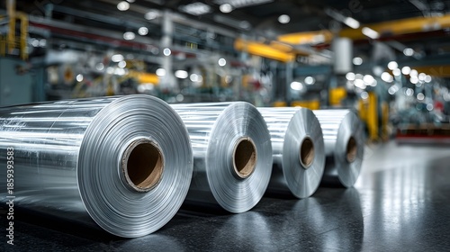 Large rolls of silver industrial plastic film sit in a plant with blurred machinery, highlighting clean production lines and metallic sheen.