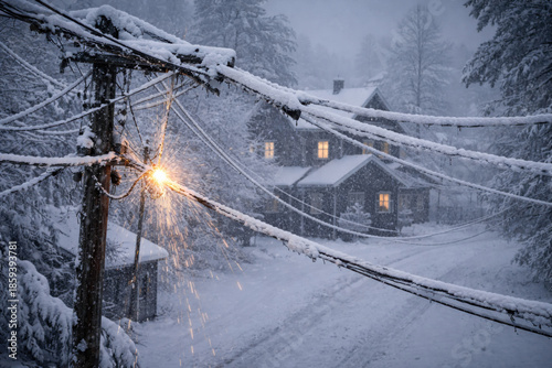 Winter Storm Damage with Snow-Covered Power Lines and Dark Houses