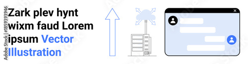 Digital communication, cloud storage, server connection, online messaging, data exchange, internet technology. Vector shows chat window, server and arrow icon. Digital communication and cloud