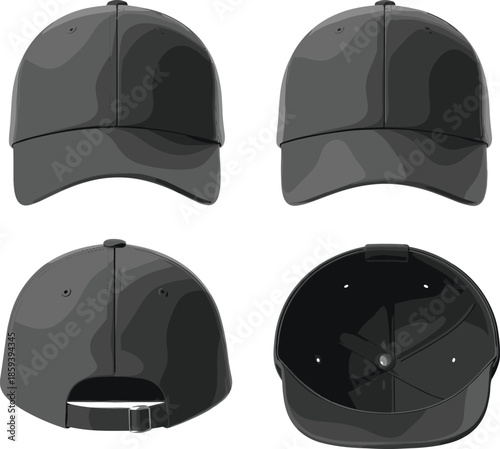Black baseball cap mockup set, front back side views, realistic 3D headwear template for branding, fashion, apparel design
