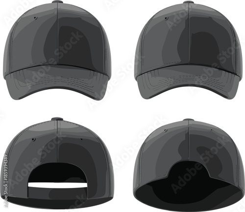 Black baseball cap mockup set, front back side views, realistic 3D headwear template for branding, fashion, apparel design