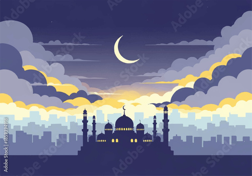 Vector flat design illustration of a serene mosque silhouette against a vibrant cityscape at dusk with a crescent moon and clouds in a peaceful night sky.