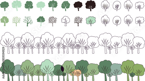 Clean vector forest tree illustration set, minimal flat nature icons, deciduous and pine trees, landscape elements collection, modern eco design