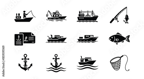 Collection of fishing related icons boats fish equipment and maritime symbols