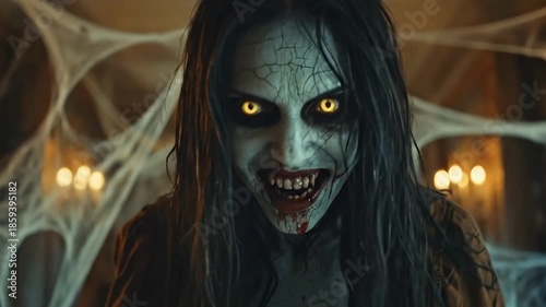 Scary Female Ghost in a Haunted House at Night