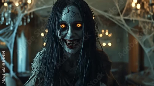 Scary Female Ghost in a Haunted House at Night