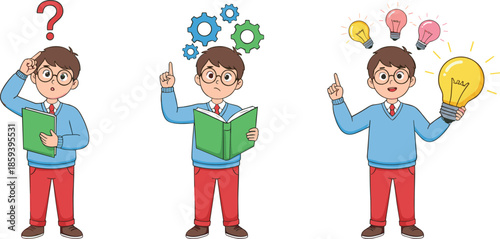 Boy Thinking Learning and Getting Ideas Illustration Collection Showing Confusion Analysis and Creative Problem Solving Cartoon Vector Set