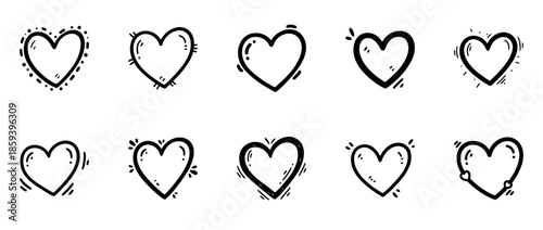 Set of hand-drawn black heart doodles with transparent background, sketchy love icons, romantic symbols, cartoon heart illustrations