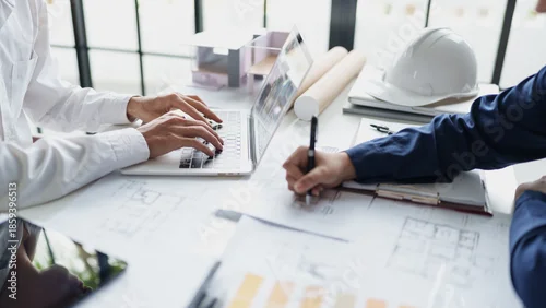 Obraz Architecture drawing on architectural project business architecture building construction Colleagues designer Planning Design on blueprint and compasses