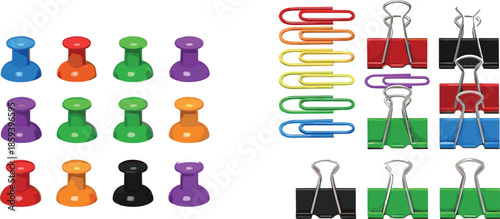 Office Stationery Illustration Collection with Colorful Push Pins Paper Clips and Binder Clips School Supplies Vector Set