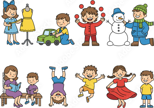 Cute Kids Playing and Family Activity Illustration Collection with Toys Games Dancing and Seasonal Fun Cartoon Vector Set