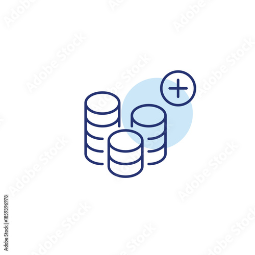 Coins in a stack and plus. Growing finances, return on investments and savings. Pixel perfect, editable stroke vector icon
