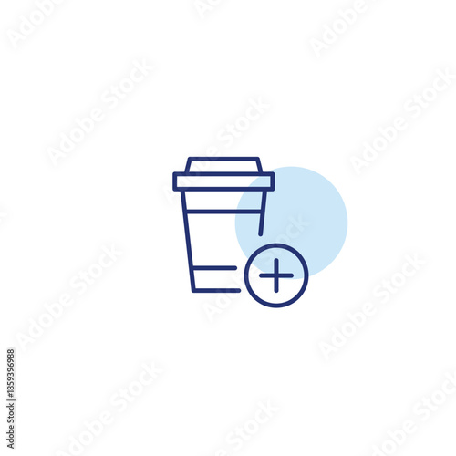 Takeaway coffee cup and plus symbol. Adding drinks to order, new menu positions. Pixel perfect, editable stroke vector icon