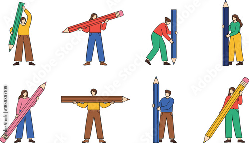 People Holding Giant Pencils Illustration Collection with Creative Artists Designers and Writers Standing with Oversized Stationery Flat Vector Set