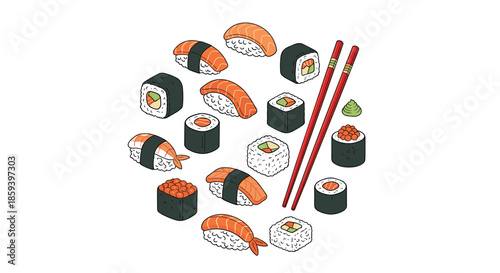 Variety of delicious sushi pieces including nigiri, maki rolls, and ikura are arranged in a group with red wooden chopsticks.