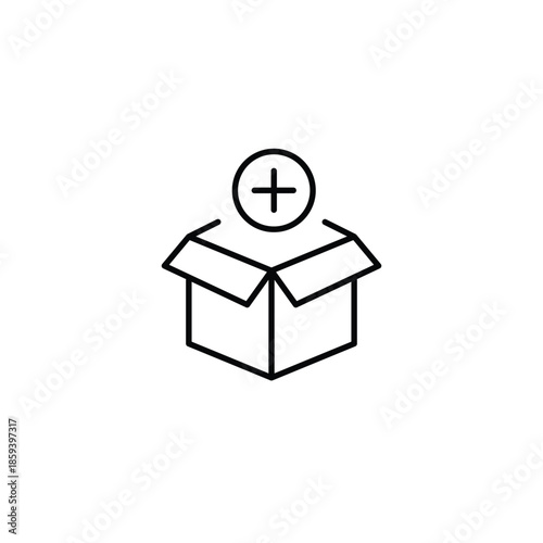 Open delivery box and plus symbol. Package list update. Pixel perfect, editable stroke vector icon