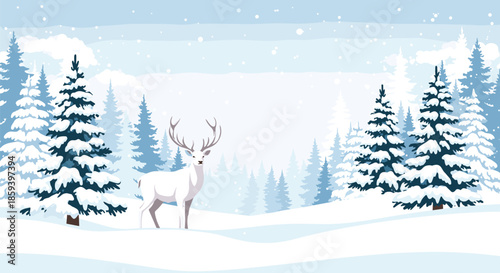 Majestic white stag stands in a serene winter forest landscape with snow-covered pine trees and falling snowflakes at dawn.