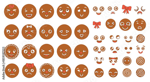 Diverse collection of gingerbread man face emojis showcasing various facial expressions and festive red bows on white background.