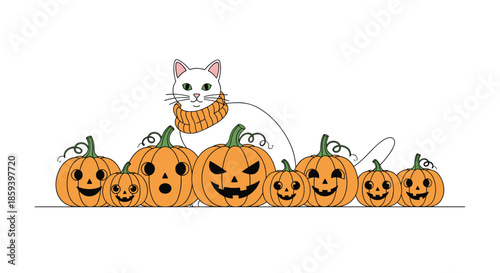 Charming white cat wearing an orange scarf sitting patiently behind a line of carved Halloween jack-o-lanterns with funny faces.