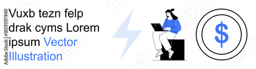 Remote work, financial planning, digital economy, online tools, productivity, business development. A person using a laptop with a dollar symbol and a lightning icon. Remote work and financial