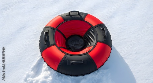 Bright red and black snow tube resting on fresh white snow in winter sunlight, ready for fast downhill sledding fun, highlighting outdoor adventure, holiday excitement, and family friendly cold weathe