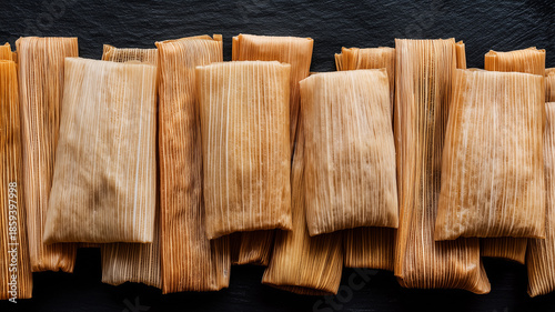 Overhead view of traditional Mexican tamales wrapped in corn husks, arranged in a neat, parallel pattern on a dark textured background. High-contrast culinary flat lay.