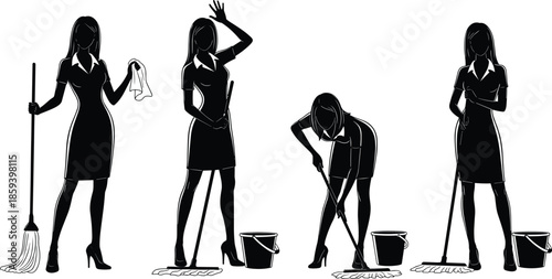 Silhouette set of professional cleaning lady mopping floors and wiping surfaces with buckets isolated on white background for domestic service,