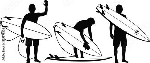 Surfer silhouettes holding surfboards waxing gear and waving on beach set of black male surfing characters isolated on white background