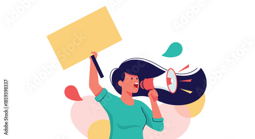 Empowering illustration of a woman shouting into a megaphone while holding a blank protest sign during a social activism event.