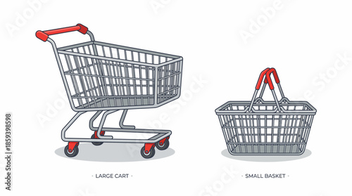 Shopping Cart and Basket Vector Illustration with Red Handles for Retail, Consumer Goods, and Marketplace Graphic Design and Commercial Use