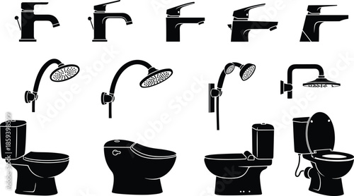 Technical motorboat blueprints, summer beach activity silhouettes, Christmas tree icons, bathroom plumbing fixtures, metal bucket set, and diverse user avatar illustrations,