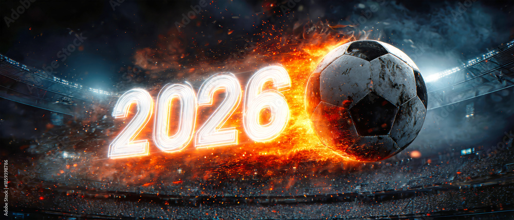 Obraz premium A soccer ball soars through the air with a trail of neon sparks while vibrant numbers 2026 glow in the stadium during a New Years Eve celebration