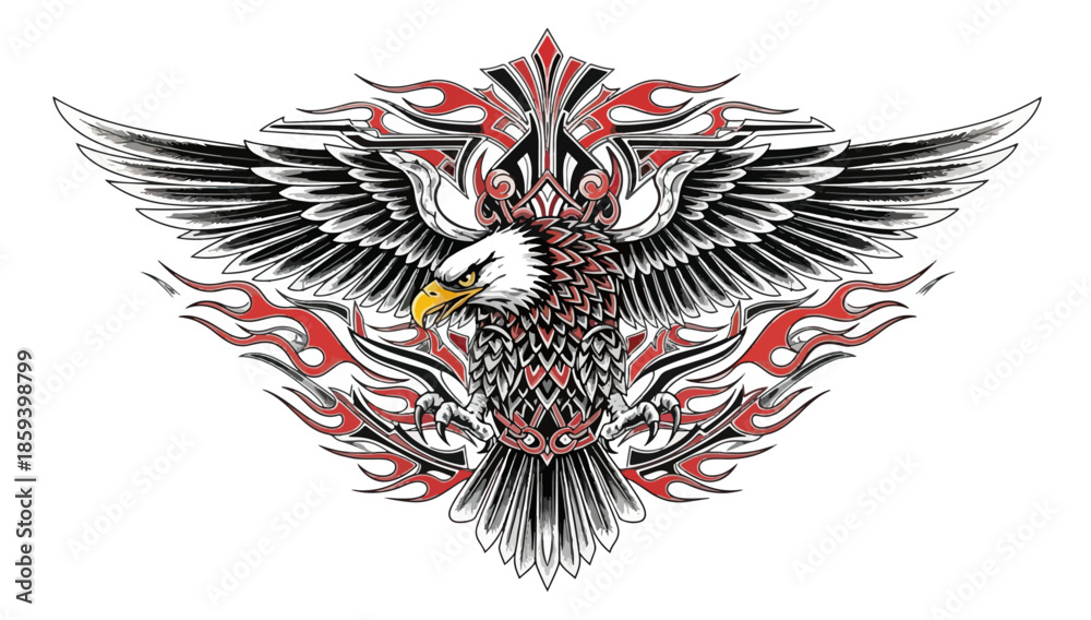Fototapeta premium Stylized eagle emblem with wings extended on black background