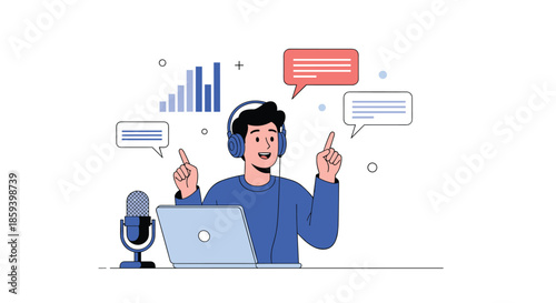 Content creator with headphones and microphone records a podcast or live stream while using a laptop, featuring speech bubble icons.