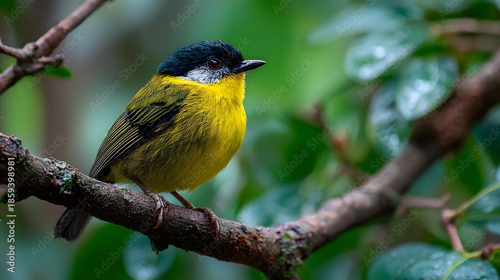 Fototapeta premium Small yellow and black bird perches on a tree branch against a lush green forest background with dappled sunlight, capturing a tranquil nature.