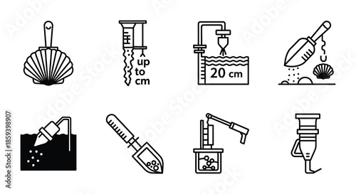 Illustrations of various mechanical arms and grippers with dimension markings