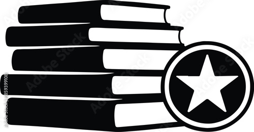 A simple black and white illustration depicts stacked books alongside a star encased within a circular frame